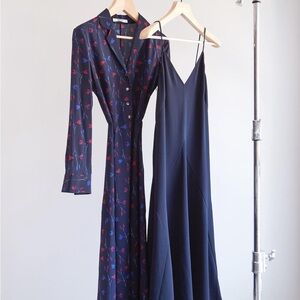 Thakoon Navy and Floral Silk Long Sleeve Dress